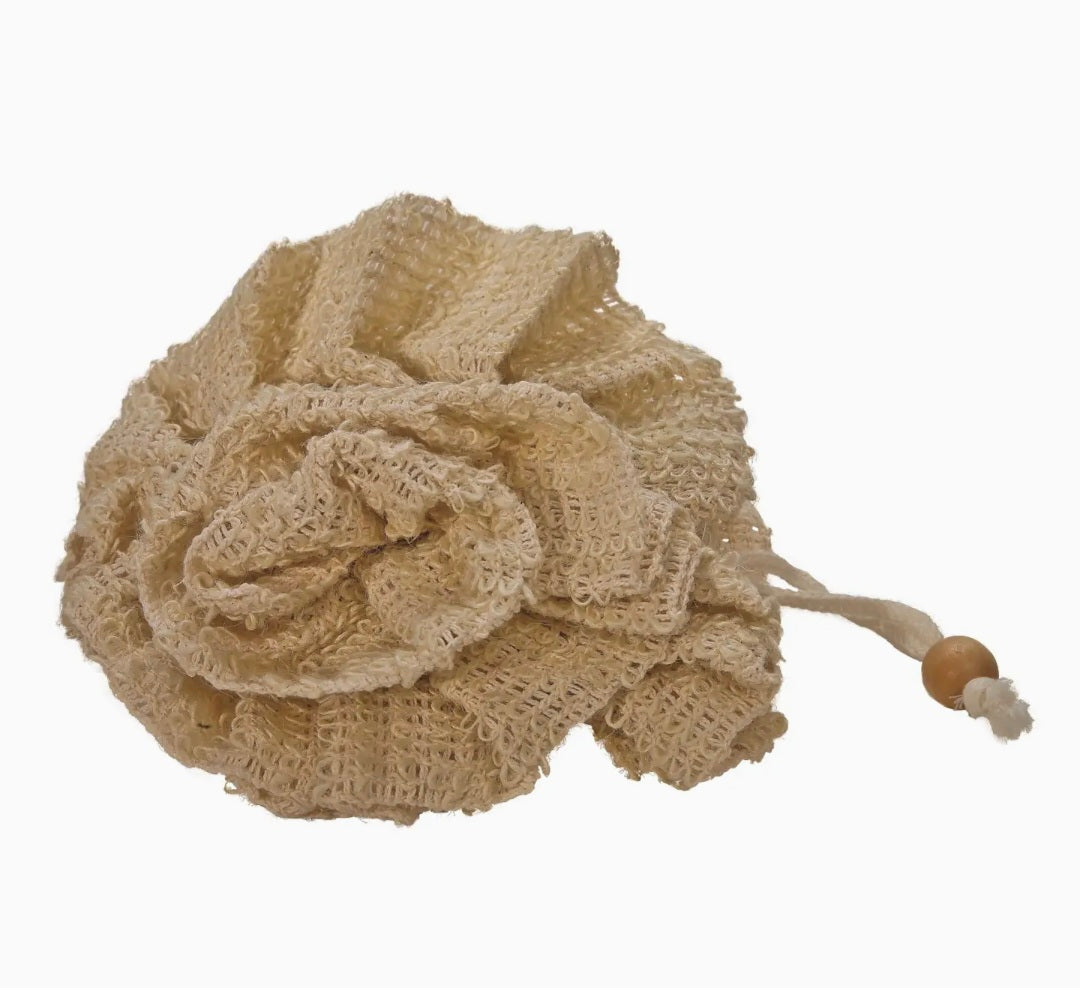 Beige Sisal Shower Scrub with gathered texture and a hanging cord